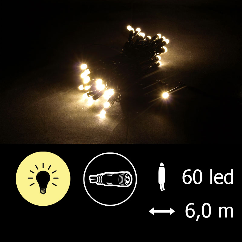 Světelný řetěz LEDPLR-60 teplá bílá/čk (EXTRA) 6m, 60 LED, křížový konektor