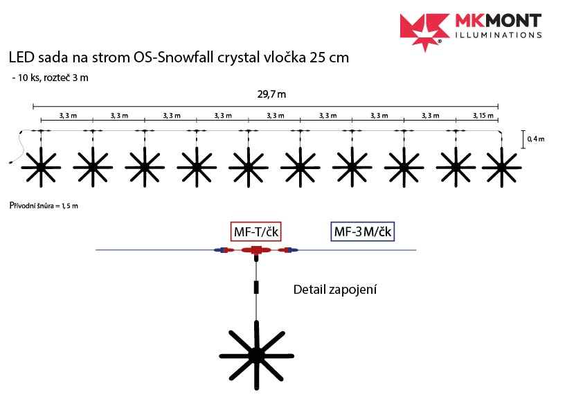 LED sada na strom OS-Snowfall crystal vločka SB 25 cm - 10 ks, rozteč 3 m