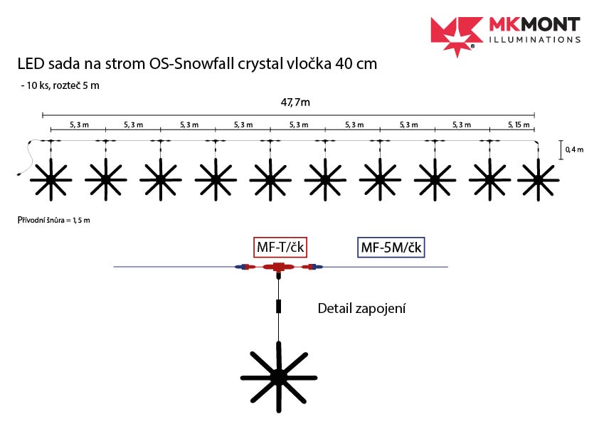 LED sada na strom OS-Snowfall crystal vločka SB 40 cm  - 10 ks, rozteč 5 m