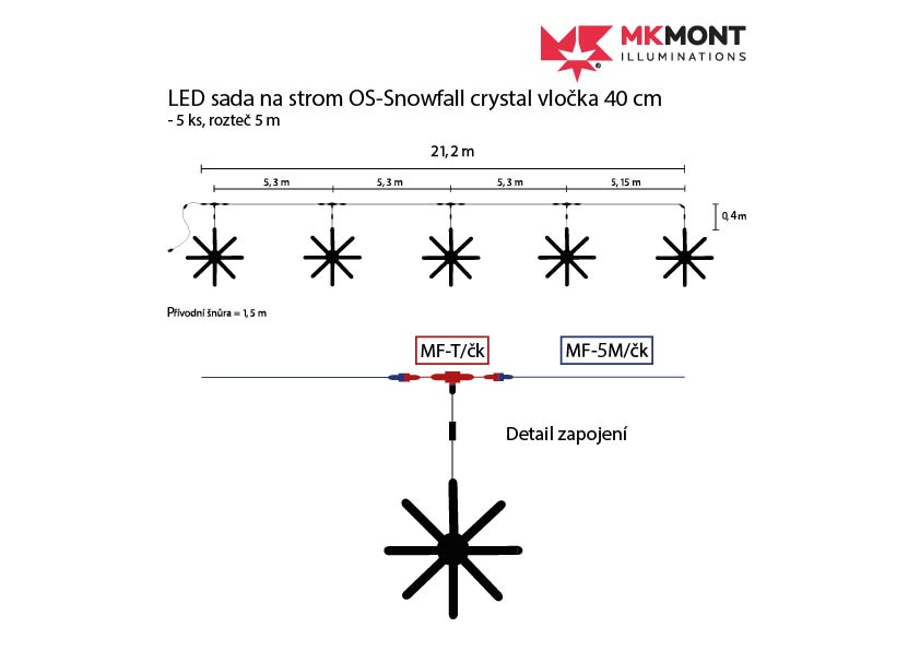 LED sada na strom OS-Snowfall crystal vločka SB 40 cm - 5 ks, rozteč 5 m