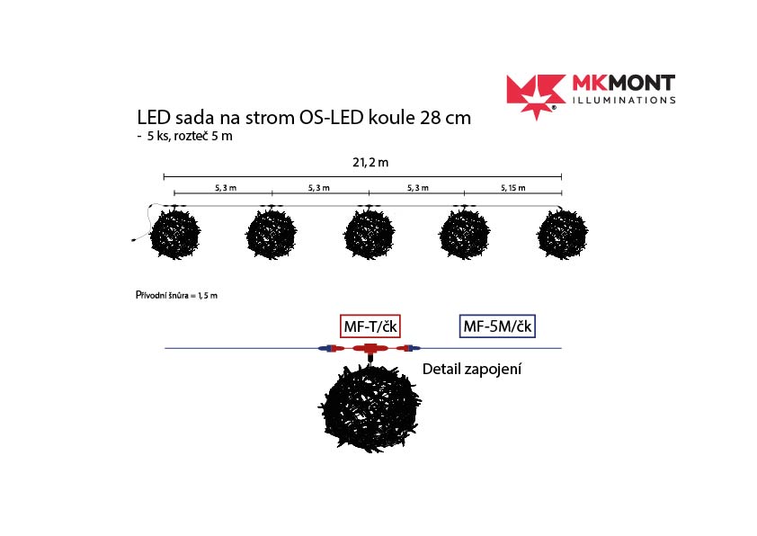 LED sada na strom OS-LED koule 28 cm romantic - 5 ks, rozteč 3 m