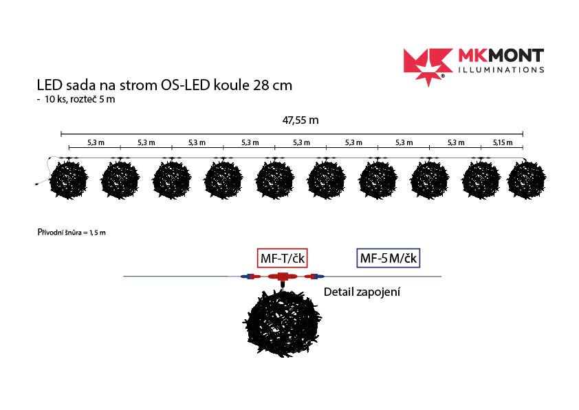 LED sada na strom OS-LED koule 28 cm -  10 ks, rozteč 5 m