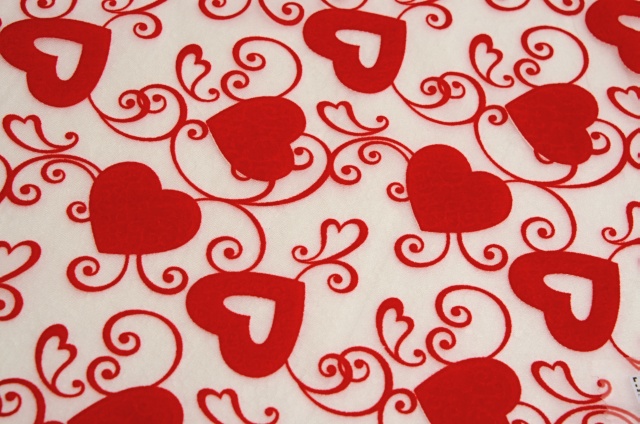 Organza bílá, červená srdce YHFT-615