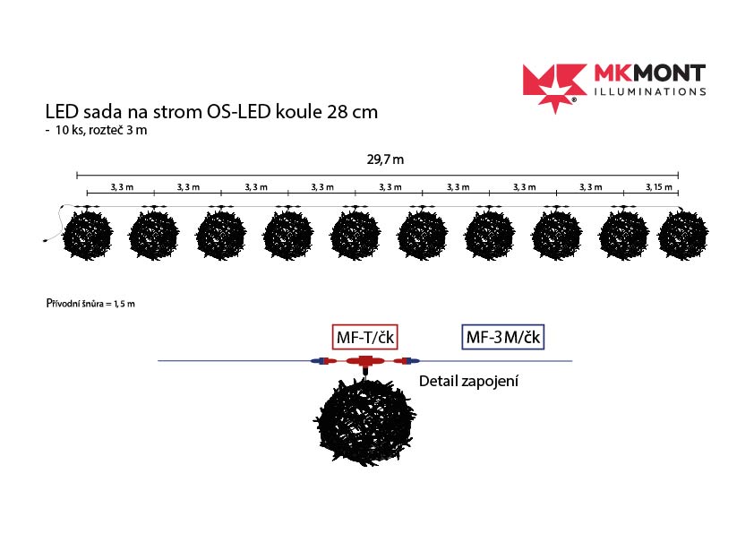LED sada na strom OS-LED koule 28 cm -  10 ks, rozteč 3 m