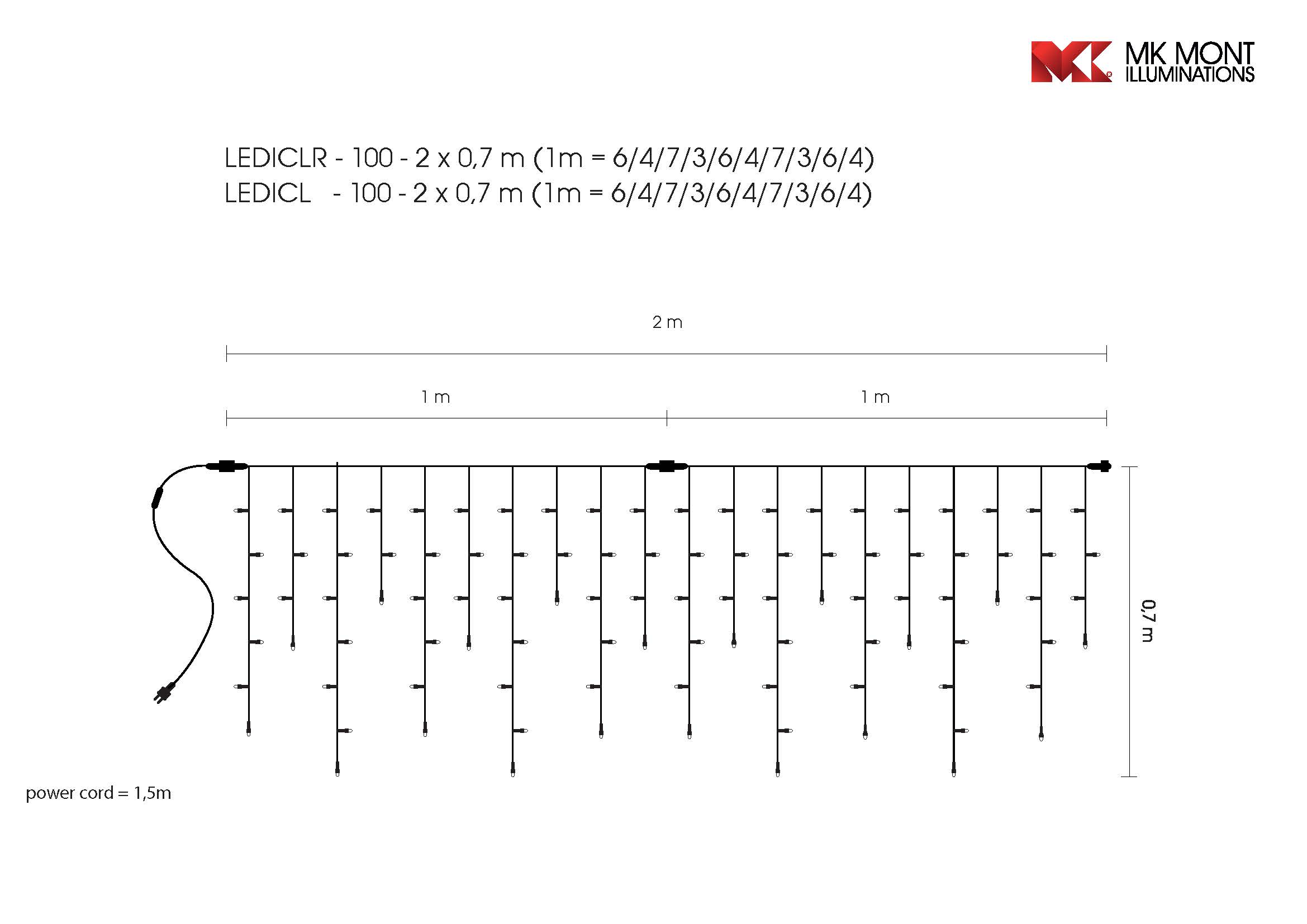 Světelný rampouch LED-RPLR-100 teplá bílá/bk 0,7m, 100 LED