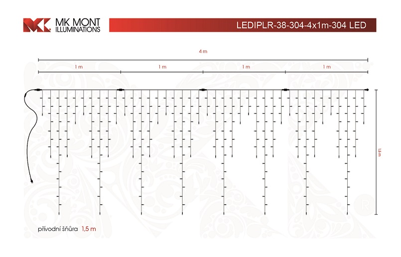 Světelný rampouch LEDIPLR-38 bílá/čk 1,5m, 304 LED křížový konektor
