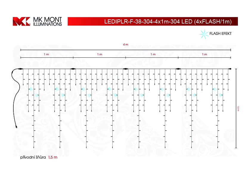 Světelný rampouch LEDIPLR-F-38 teplá bílá+teplá bílá/čk 1,5m, 304 LED křížový konektor