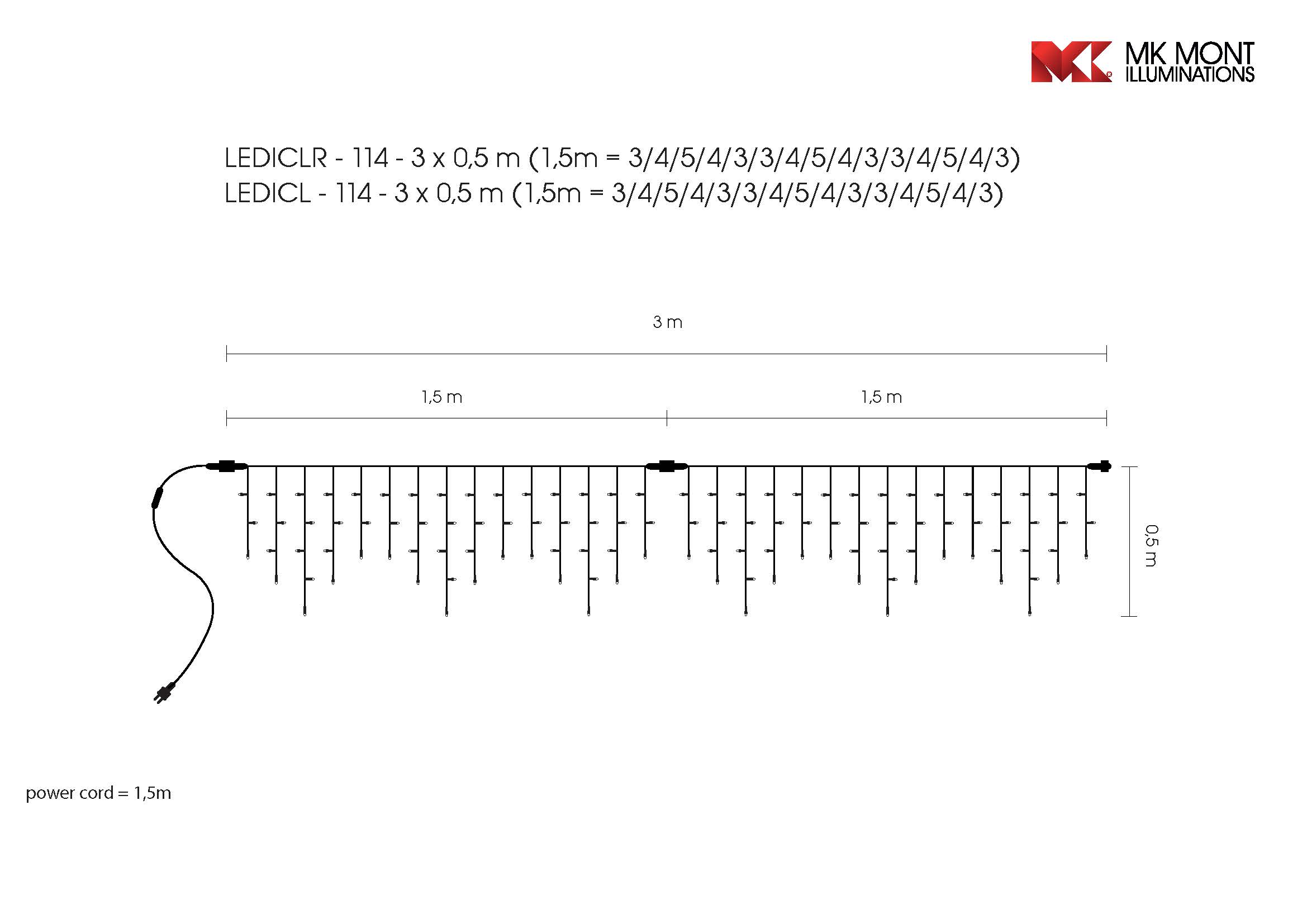 Světelný rampouch LEDICLR-114 teplá bílá/bk 0,5m, 114 LED
