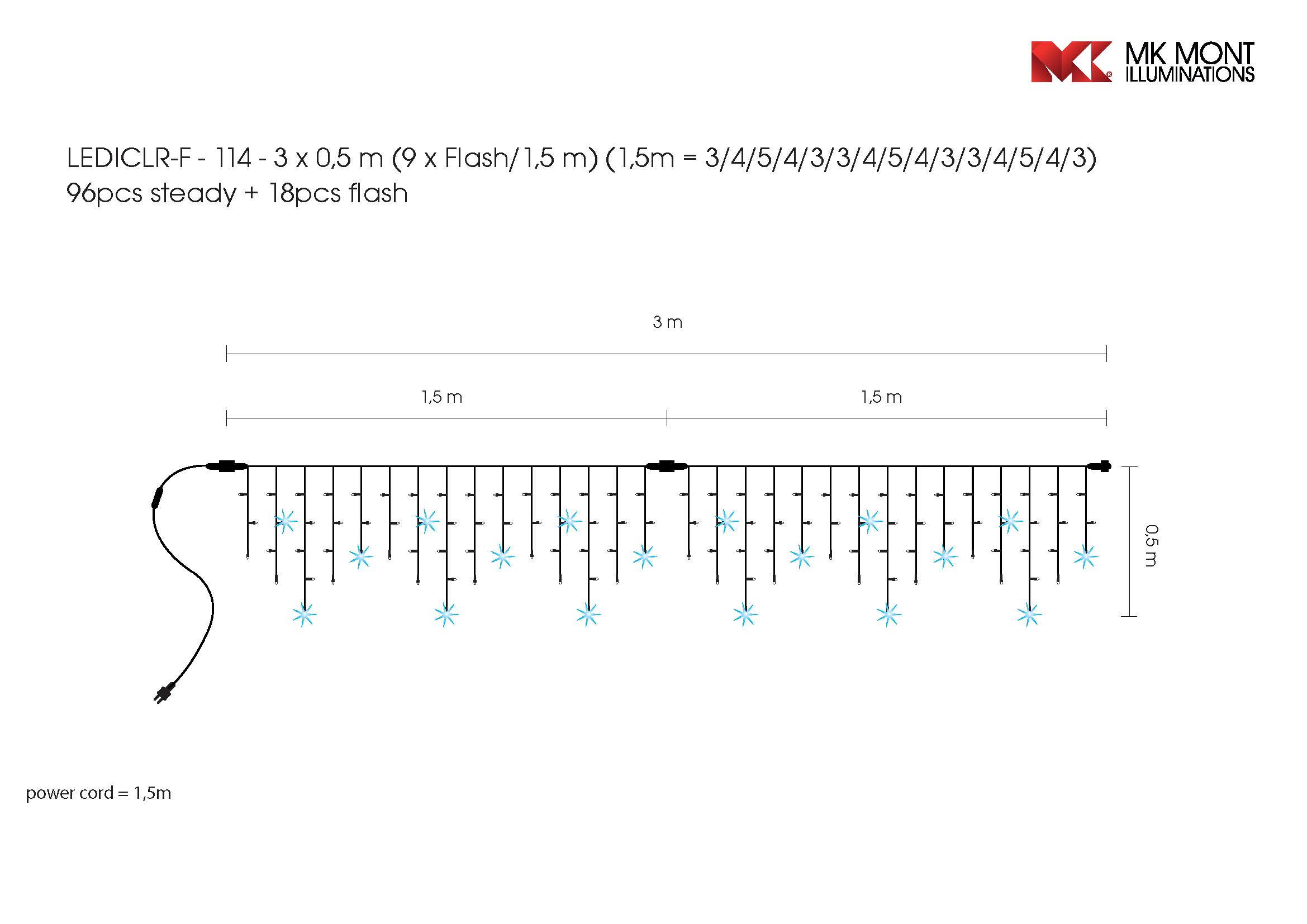 Světelný rampouch LEDICLR-F-114 teplá bílá+bílá/bk 0,5m, 114 LED