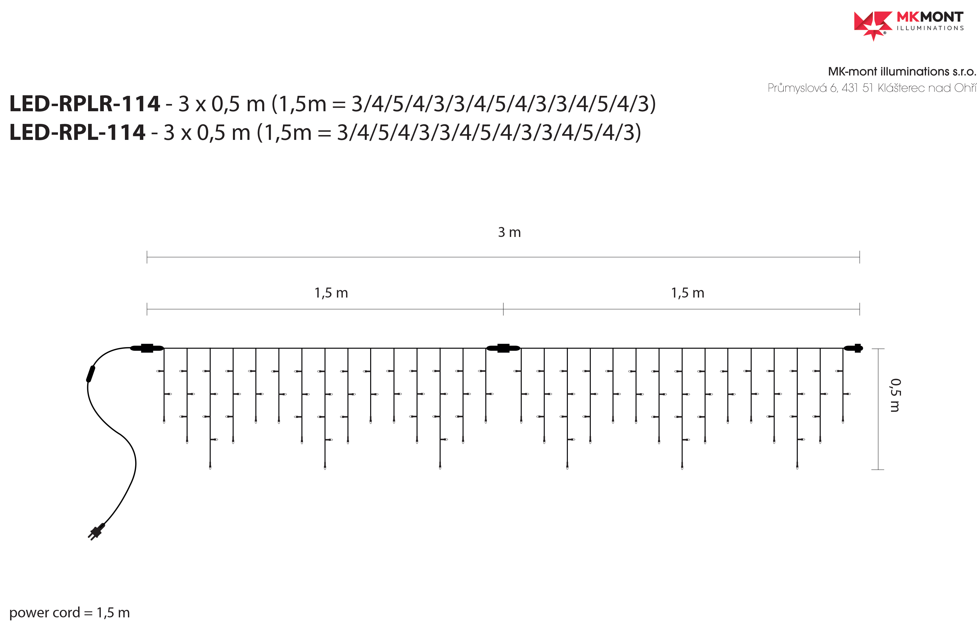Světelný rampouch LED-RPLR-114 teplá bílá/čk 0,5m, 114 LED